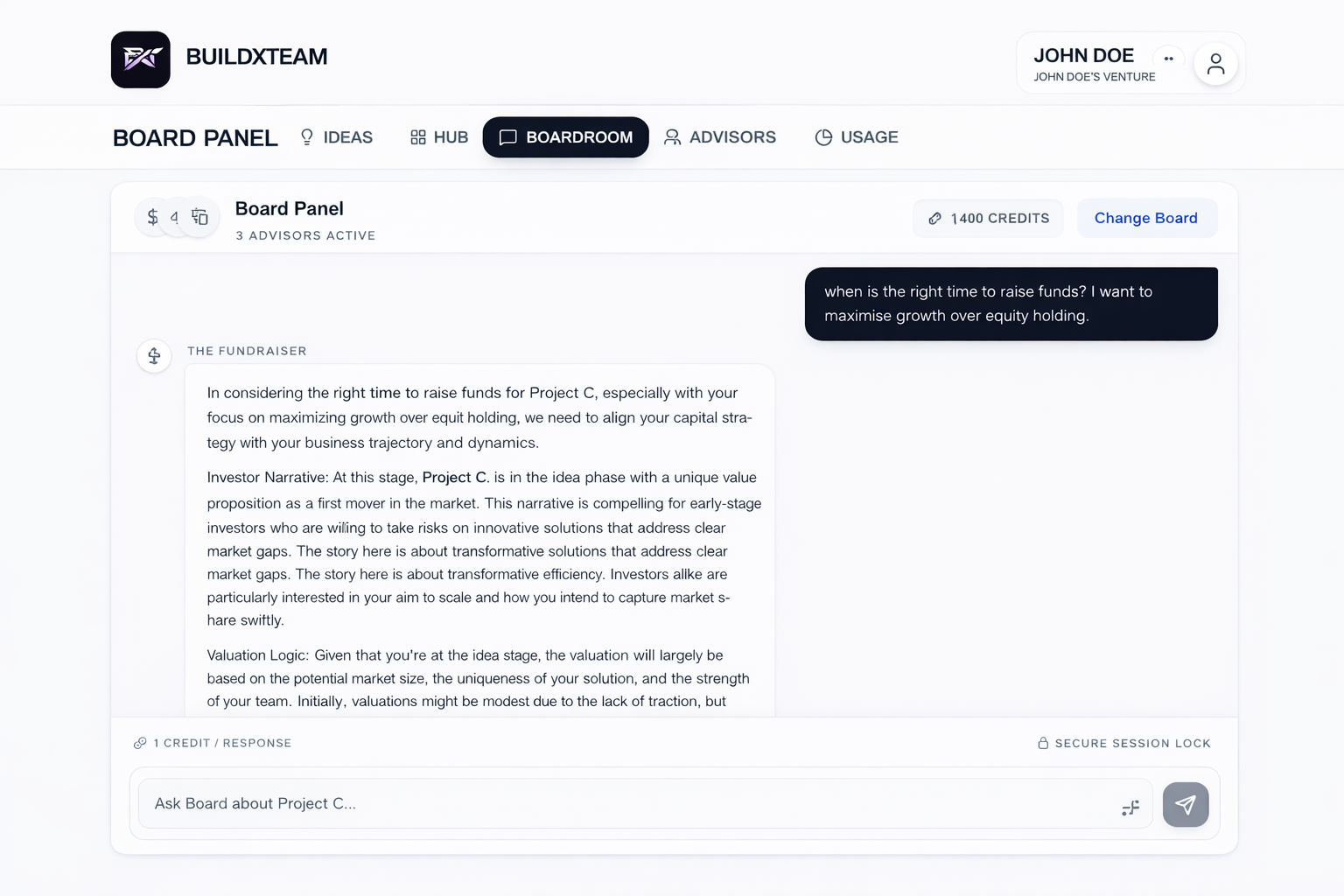 BuildXTeam AI Boardroom interface demonstrating multi-advisor debate and strategy generation